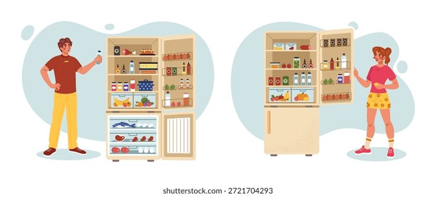 Carácter por el refrigerador. Refrigerador completo. Temperatura de los alimentos. Elección de comida diaria. Una persona hambrienta. Comida de dibujos animados, ingesta de comidas, almacenamiento organizado en casa. Vector de ilustración plana escena aislada ordenada