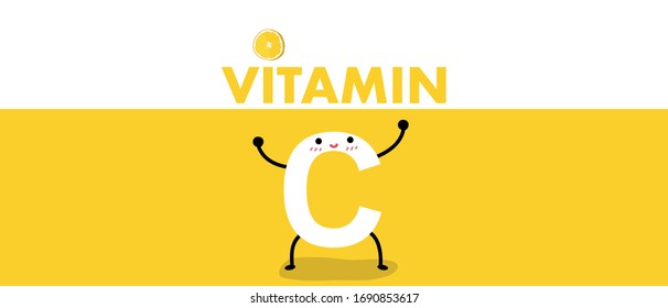 Character of c on yellow background  and vitamin with slide of orange on white background. Healthy concept.