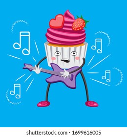 Character cake cartoon with guitar strawberry heart notes on an isolated background. Vector image eps 10