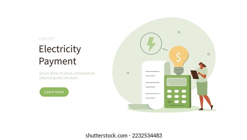 Character calculating electricity bill payment, paying less and saving money. Energy efficiency in household and electricity consumption concept. Vector illustration.