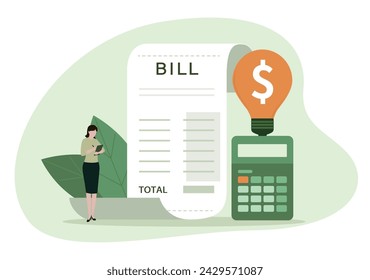 Carácter calculando el pago de la factura de electricidad, pagando menos y ahorrando dinero. La eficiencia energética en el hogar y el concepto de consumo de electricidad. Ilustración vectorial.