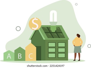 Character calculating household utility bill. Home energy efficiency audit concept. consumption Costs increase.