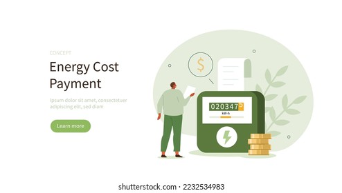 Character calculating and paying electricity and other utility costs. Energy efficiency in household and utilities consumption concept. Vector illustration.