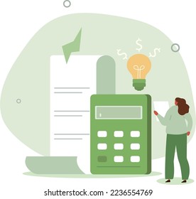 Character calculating and paying electricity, utilities and household invoice bills.finances management and sustainable housing concept.