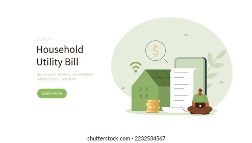 Character calculating and paying utilities and household invoice bills. Energy efficiency in household and sustainable housing concept. Vector illustration.