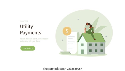 Character calculating and paying utility costs in low energy house. Energy efficiency and utilities consumption at home concept. Vector illustration.