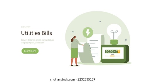 
Character calculating utility bill and worrying about costs increase. Energy efficiency and utilities consumption at home concept. Vector illustration.