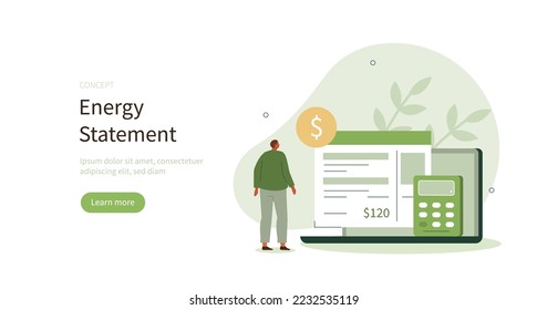 Character calculating utility statement and worrying about costs increase. Energy efficiency and utilities consumption at home concept. Vector illustration.