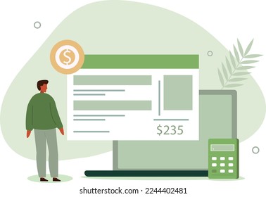 Character calculating utility statement and worrying about costs increase.Flat Cartoon Vector Illustration.
