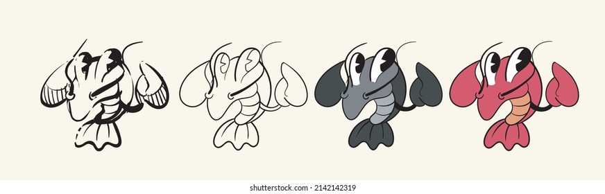 Character Cancer set in four variants: sketch,lineart,colorless and colored. Stages of drawing coloring book vintage toons: funny character, vector illustration trendy classic retro cartoon style 30s.