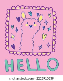 Character card cute llama with a smile. Text Hello It can be used for sticker, patch, phone case, poster, t-shirt, mug and other design. EPS