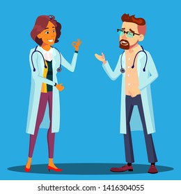 Character Cardiologist Doctor Man And Woman Vector. Male And Female Cardiologist Employees In Hospital Uniform Laughing Smiling Discussing Speaking. Medical Worker Flat Cartoon Illustration