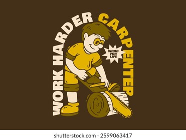The character of a carpenter is sawing wood with a chainsaw. Flat art retro illustration, good for sticker