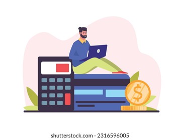 Character carrying out financial transactions through internet. Focused young office manager sitting on desk and typing on laptop. Flat vector illustration