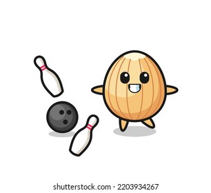 Character cartoon of almond is playing bowling , cute design