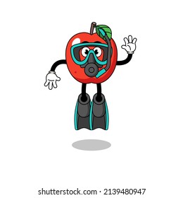 Caricatura de personajes de manzana como buceador, diseño de personajes