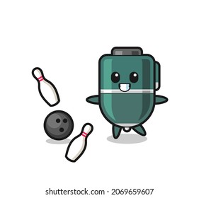Character cartoon of ballpoint pen is playing bowling , cute design