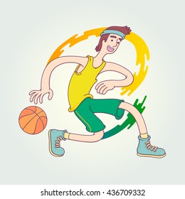 Character cartoon basketball player is moving dribble with a smile. Vector Illustration design template with sports in trendy linear style.