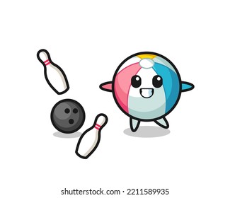 Character cartoon of beach ball is playing bowling , cute design