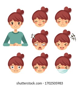 Character cartoon of beautiful woman and expression face set. Vector illustration. Perfect for sticker, element, infographics, social media, etc.