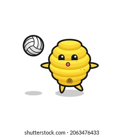 Character cartoon of bee hive is playing volleyball , cute design