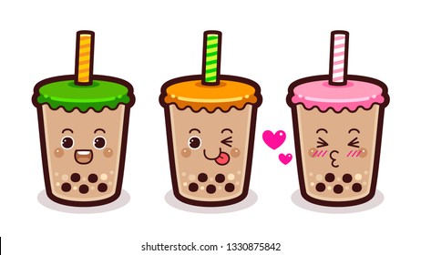 Character Cartoon Boba Bubble Milk Tea, Cute Sticker, Kawaii Emoji Set.