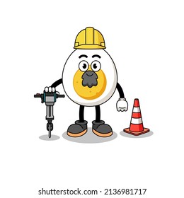 Character cartoon of boiled egg working on road construction , character design