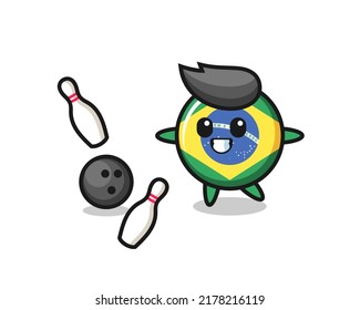 Character cartoon of brazil flag badge is playing bowling , cute style design for t shirt, sticker, logo element