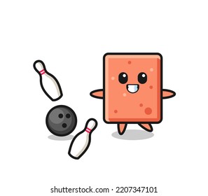 Character cartoon of brick is playing bowling , cute design