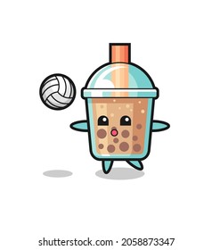 Character cartoon of bubble tea is playing volleyball , cute style design for t shirt, sticker, logo element