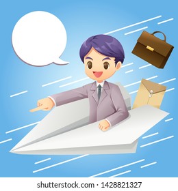 Character cartoon of businessman on paper plane. Abstract businessman sitting on paper plane go to work and
have envelopes and briefcase blown out back he, It convenient and fast - Vector