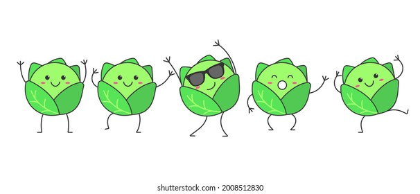Character cartoon cabbage dancing happy emotions set icon logo vector illustration.