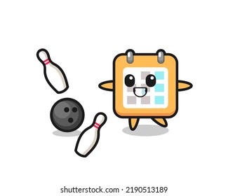 Character cartoon of calendar is playing bowling , cute style design for t shirt, sticker, logo element