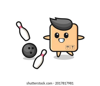 Character cartoon of cardboard box is playing bowling , cute style design for t shirt, sticker, logo element