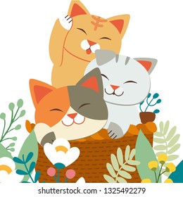 character cartoon cat say hello with flower background