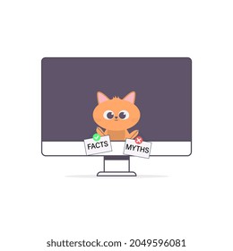 Character Cartoon Cat with Text on Tablet, Myths or Facts.