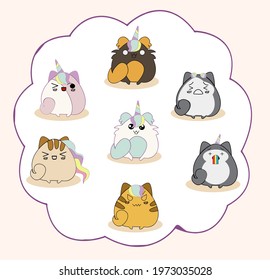 Character cartoon cat vector set pastel color with line cut.