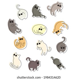 Character cartoon cat vector set line and pastel color.