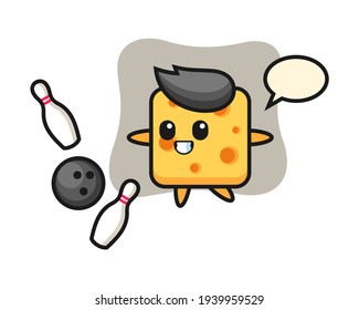Character cartoon of cheese is playing bowling