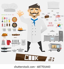 Character cartoon chef. Set of cooking equipment, cooking tools, cartoon cook equipment objects vector illustration flat isolated on white background.