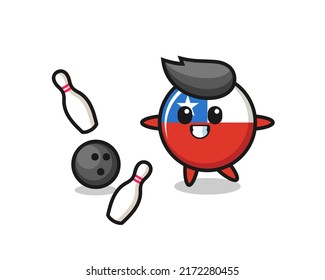 Character cartoon of chile flag badge is playing bowling , cute style design for t shirt, sticker, logo element