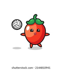 Character cartoon of chili pepper is playing volleyball , cute design
