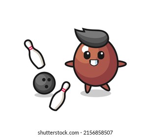 Character cartoon of chocolate egg is playing bowling , cute design