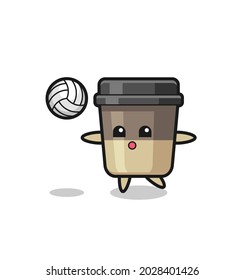 Character cartoon of coffee cup is playing volleyball , cute style design for t shirt, sticker, logo element