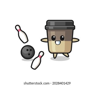 Character cartoon of coffee cup is playing bowling , cute style design for t shirt, sticker, logo element