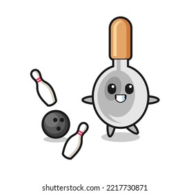 Character cartoon of cooking spoon is playing bowling , cute design