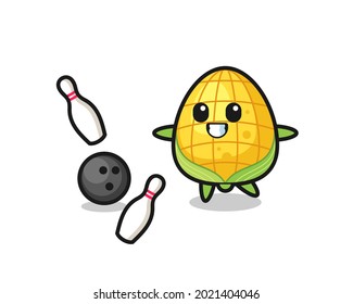 Character cartoon of corn is playing bowling , cute style design for t shirt, sticker, logo element