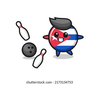 Character cartoon of cuba flag badge is playing bowling , cute style design for t shirt, sticker, logo element