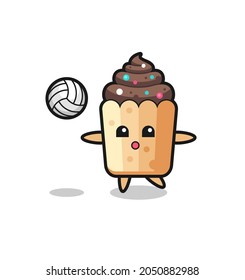 Character cartoon of cupcake is playing volleyball , cute design