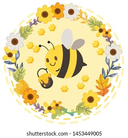 The character cartoon of cute bee holding a honey tank and it flying with flower wreath in flat vector style. Illustration for background, graphic,content , banner, sticker label and greeting card